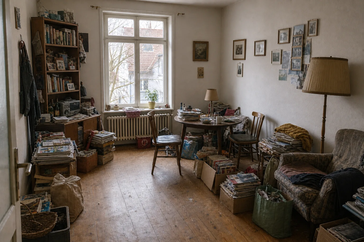 Über Jahre vollgestellter und staubiger Wohnraum vor Räumung und Reinigung